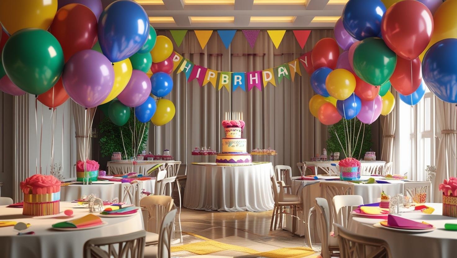 szülnapi rendezbény helyszín dekorjáról csinálj képet, de élethű legyen